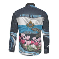 San Marino Founding Anniversary Long Sleeve Button Shirt Freedom Peregrine Falcon - Cyclamen Flowers Towers Flag