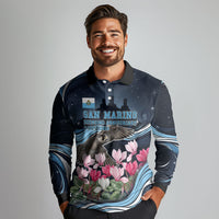 San Marino Founding Anniversary Long Sleeve Polo Shirt Freedom Peregrine Falcon - Cyclamen Flowers Towers Flag