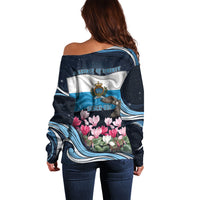 San Marino Founding Anniversary Off Shoulder Sweater Freedom Peregrine Falcon - Cyclamen Flowers Towers Flag