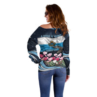 San Marino Founding Anniversary Off Shoulder Sweater Freedom Peregrine Falcon - Cyclamen Flowers Towers Flag