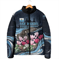 San Marino Founding Anniversary Padded Jacket Freedom Peregrine Falcon - Cyclamen Flowers Towers Flag