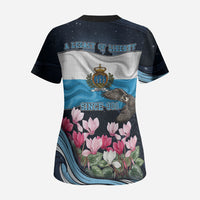 San Marino Founding Anniversary Scrub Top Freedom Peregrine Falcon - Cyclamen Flowers Towers Flag
