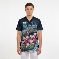 San Marino Founding Anniversary Scrub Top Freedom Peregrine Falcon - Cyclamen Flowers Towers Flag