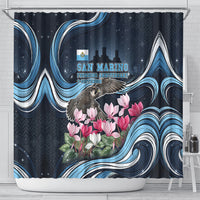 San Marino Founding Anniversary Shower Curtain Freedom Peregrine Falcon - Cyclamen Flowers Towers Flag
