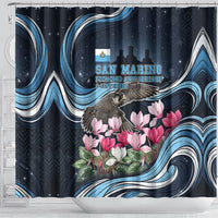 San Marino Founding Anniversary Shower Curtain Freedom Peregrine Falcon - Cyclamen Flowers Towers Flag