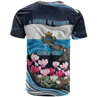 San Marino Founding Anniversary T Shirt Freedom Peregrine Falcon - Cyclamen Flowers Towers Flag