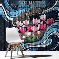 San Marino Founding Anniversary Window Curtain Freedom Peregrine Falcon - Cyclamen Flowers Towers Flag