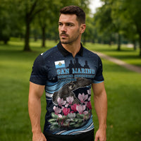 San Marino Founding Anniversary Zipper Polo Shirt Freedom Peregrine Falcon - Cyclamen Flowers Towers Flag