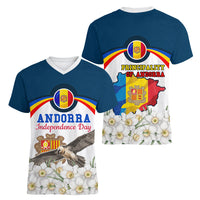 Andorra Independence Day Women V-Neck T-Shirt Freedom Grandella Narcissus Falcon Map Flag