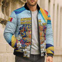 Andorra National Day Bomber Puffer Jacket Coat Of Arms Daffodil Flower Cultural Heritage