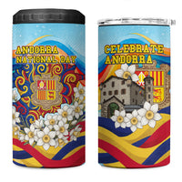 Andorra National Day 4 in 1 Can Cooler Tumbler Coat Of Arms Daffodil Flower Cultural Heritage