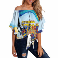 Andorra National Day Off Shoulder Wrap Waist Top Coat Of Arms Daffodil Flower Cultural Heritage