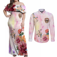 Flower Skull Couples Matching Off Shoulder Maxi Dress and Long Sleeve Button Shirts She Is Sunshine Mixed With A Little Hurricane - Wonder Print Shop
