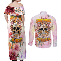 Flower Skull Couples Matching Off Shoulder Maxi Dress and Long Sleeve Button Shirts She Is Sunshine Mixed With A Little Hurricane - Wonder Print Shop