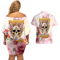 Flower Skull Couples Matching Off Shoulder Short Dress and Hawaiian Shirt She Is Sunshine Mixed With A Little Hurricane - Wonder Print Shop