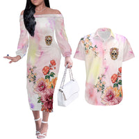 Flower Skull Couples Matching Off The Shoulder Long Sleeve Dress and Hawaiian Shirt She Is Sunshine Mixed With A Little Hurricane - Wonder Print Shop