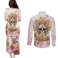 Flower Skull Couples Matching Puletasi Dress and Long Sleeve Button Shirts She Is Sunshine Mixed With A Little Hurricane - Wonder Print Shop