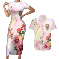 Flower Skull Couples Matching Short Sleeve Bodycon Dress and Hawaiian Shirt She Is Sunshine Mixed With A Little Hurricane - Wonder Print Shop