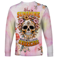 Flower Skull Long Sleeve Shirt She Is Sunshine Mixed With A Little Hurricane - Wonder Print Shop