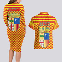 Aragon Flag Couples Matching Long Sleeve Bodycon Dress and Hawaiian Shirt Autonomous Community of Spain - Wonder Print Shop