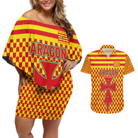 Aragon Flag Couples Matching Off Shoulder Short Dress and Hawaiian Shirt Autonomous Community of Spain - Wonder Print Shop