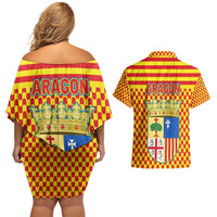 Aragon Flag Couples Matching Off Shoulder Short Dress and Hawaiian Shirt Autonomous Community of Spain - Wonder Print Shop
