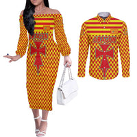 Aragon Flag Couples Matching Off The Shoulder Long Sleeve Dress and Long Sleeve Button Shirt Autonomous Community of Spain - Wonder Print Shop