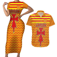 Aragon Flag Couples Matching Short Sleeve Bodycon Dress and Hawaiian Shirt Autonomous Community of Spain - Wonder Print Shop