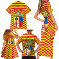 Aragon Flag Family Matching Short Sleeve Bodycon Dress and Hawaiian Shirt Autonomous Community of Spain - Wonder Print Shop