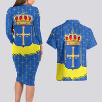 Asturias Flag Couples Matching Long Sleeve Bodycon Dress and Hawaiian Shirt Autonomous Community of Spain - Wonder Print Shop