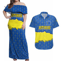 Asturias Flag Couples Matching Off Shoulder Maxi Dress and Hawaiian Shirt Autonomous Community of Spain - Wonder Print Shop