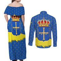 Asturias Flag Couples Matching Off Shoulder Maxi Dress and Long Sleeve Button Shirt Autonomous Community of Spain - Wonder Print Shop