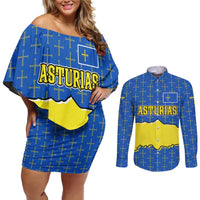 Asturias Flag Couples Matching Off Shoulder Short Dress and Long Sleeve Button Shirt Autonomous Community of Spain - Wonder Print Shop