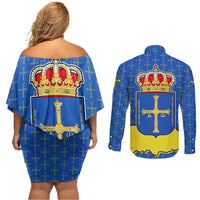 Asturias Flag Couples Matching Off Shoulder Short Dress and Long Sleeve Button Shirt Autonomous Community of Spain - Wonder Print Shop