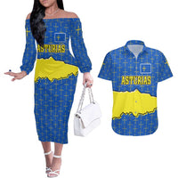 Asturias Flag Couples Matching Off The Shoulder Long Sleeve Dress and Hawaiian Shirt Autonomous Community of Spain - Wonder Print Shop