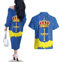 Asturias Flag Couples Matching Off The Shoulder Long Sleeve Dress and Hawaiian Shirt Autonomous Community of Spain - Wonder Print Shop