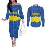 Asturias Flag Couples Matching Off The Shoulder Long Sleeve Dress and Long Sleeve Button Shirt Autonomous Community of Spain - Wonder Print Shop
