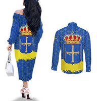 Asturias Flag Couples Matching Off The Shoulder Long Sleeve Dress and Long Sleeve Button Shirt Autonomous Community of Spain - Wonder Print Shop