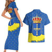 Asturias Flag Couples Matching Short Sleeve Bodycon Dress and Hawaiian Shirt Autonomous Community of Spain - Wonder Print Shop