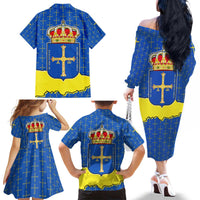 Asturias Flag Family Matching Off The Shoulder Long Sleeve Dress and Hawaiian Shirt Autonomous Community of Spain - Wonder Print Shop