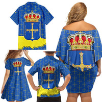 Asturias Flag Family Matching Off Shoulder Short Dress and Hawaiian Shirt Autonomous Community of Spain - Wonder Print Shop