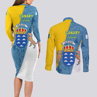 Canary Islands Flag Couples Matching Long Sleeve Bodycon Dress and Long Sleeve Button Shirt Autonomous Community of Spain - Wonder Print Shop