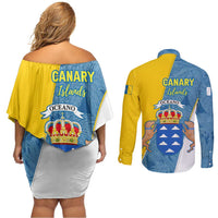Canary Islands Flag Couples Matching Off Shoulder Short Dress and Long Sleeve Button Shirt Autonomous Community of Spain - Wonder Print Shop