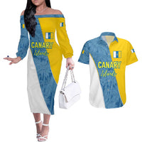 Canary Islands Flag Couples Matching Off The Shoulder Long Sleeve Dress and Hawaiian Shirt Autonomous Community of Spain - Wonder Print Shop