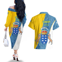 Canary Islands Flag Couples Matching Off The Shoulder Long Sleeve Dress and Hawaiian Shirt Autonomous Community of Spain - Wonder Print Shop
