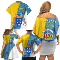 Canary Islands Flag Family Matching Off Shoulder Short Dress and Hawaiian Shirt Autonomous Community of Spain - Wonder Print Shop