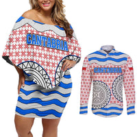 Cantabria Flag Couples Matching Off Shoulder Short Dress and Long Sleeve Button Shirt Autonomous Community of Spain - Wonder Print Shop