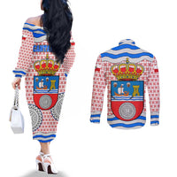 Cantabria Flag Couples Matching Off The Shoulder Long Sleeve Dress and Long Sleeve Button Shirt Autonomous Community of Spain - Wonder Print Shop