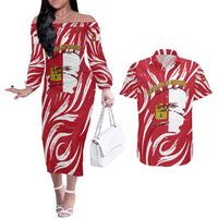 Castilla La Mancha Flag Couples Matching Off The Shoulder Long Sleeve Dress and Hawaiian Shirt Autonomous Community of Spain - Wonder Print Shop