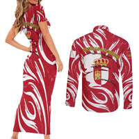 Castilla La Mancha Flag Couples Matching Short Sleeve Bodycon Dress and Long Sleeve Button Shirt Autonomous Community of Spain - Wonder Print Shop